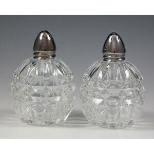 Vintage IRice Pressed Glass Salt & Pepper Shaker Set Clear w/Silver-Tone Tops